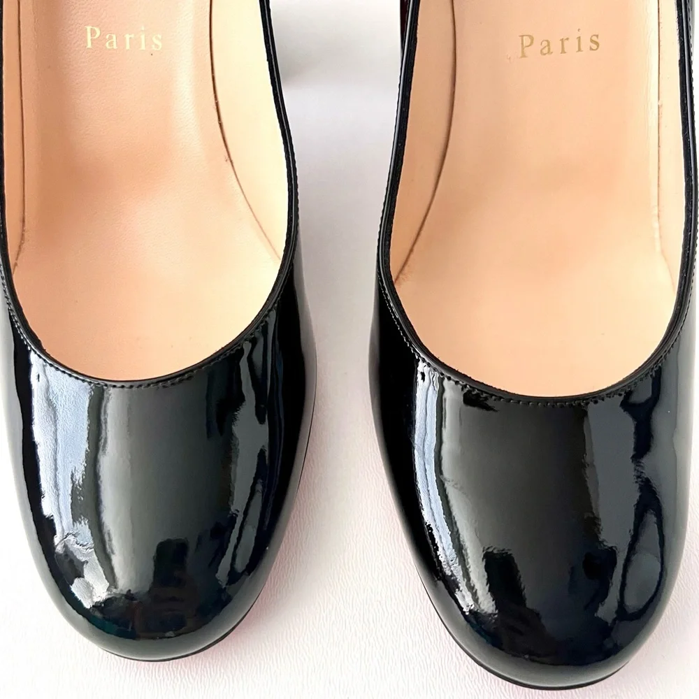 CHRISTIAN LOUBOUTIN | Miss Sab Black Patent Leather Block Heel Pumps 37.5 US 7.5 - Picture 6 of 16